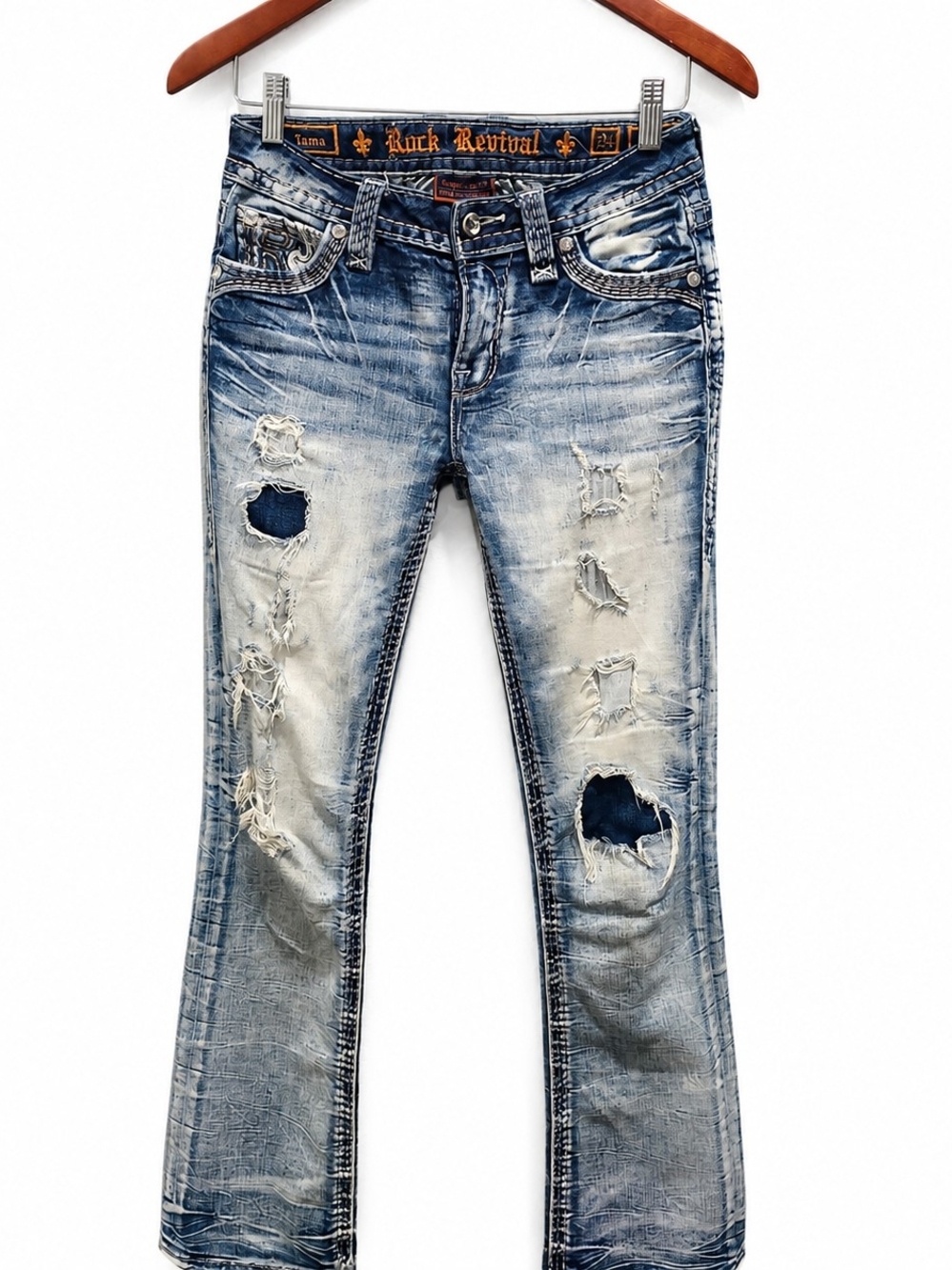 Rock Revival Tama Bootcut Jeans Womens 24 Distressed Rhinestone Flap Pockets Y2K
